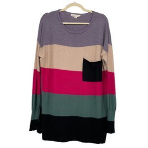 Lovestitch Women's Large Tunic Sweater Stripe Multicolor Pocket Round Neck Cozy